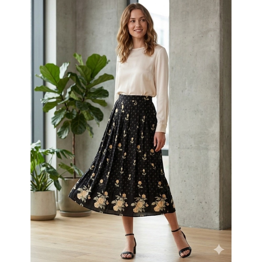 Teddi Floral Midi Skirt Womens 2X Black Yellow Vintage NWT